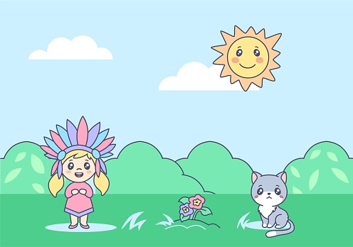 Indian child with kitten on summer anime lawn illustration. Joyful cartoon child with colored feathers headdress playing with happy cat bright smiling sun illuminates flower and green vector meadow.