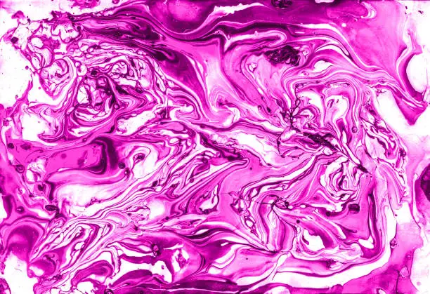 Photo of Pastel Acrylic Liquid Washes, Abstract Design . White Grunge Hand Painted Paintbrush, Flow Mixed Fluid, Magenta Love Paint  ,Purple Artistic Fluid Pattern.