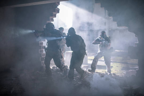istock Group of soldiers make a rescue operation 1283560299