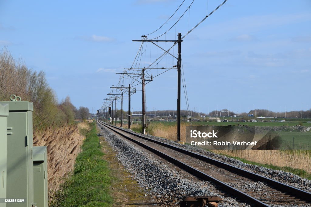 single train track in the netherlands Adults Only Stock Photo