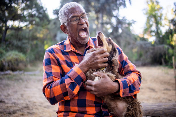 istock Senior Black Man with Long Haired Dachshund 1283561395