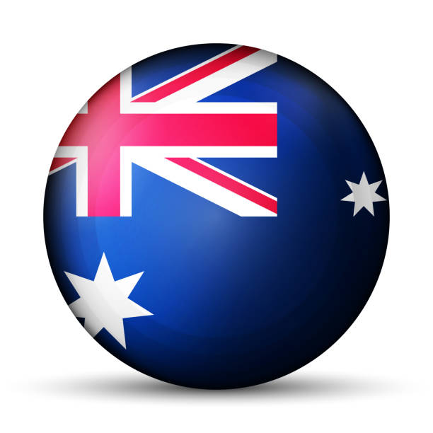 istock Glass light ball with flag of Australia. Round sphere, template icon. Australian national symbol. Glossy realistic ball, 3D abstract vector illustration highlighted on a white background. Big bubble. 1283561774