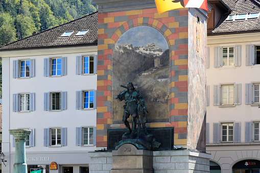Altdorf, Switzerland - August 27, 2020: A large monument in honor of Wilhelm Tell, the folk hero of Switzerland. This is one of the countless wonderful places in Switzerland, which is a tourist attraction often visited by many tourists from all over the world.