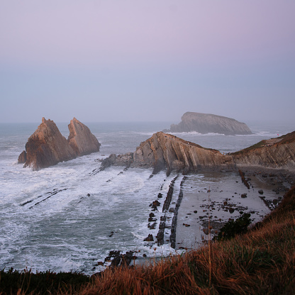 Arnia beach in Cantabria, Spain. This beach is part of the Costa Quebrada (Broken Coast) geological park reserve