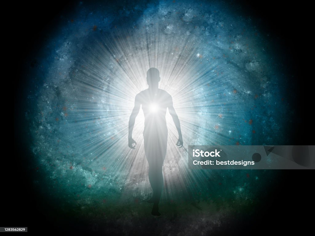 Figure emerges from the comos Figure emerges from the comos. 3D rendering Spirituality Stock Photo