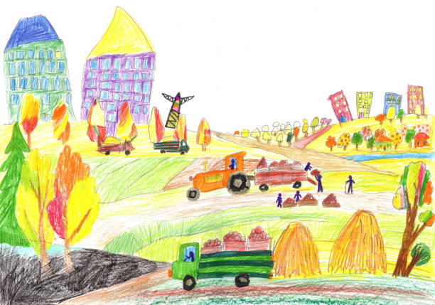 트랙터와 트레일러는 필드를 작동합니다. 수확 시즌. 수확 배달, 유기농 식품 운송. 어린이 스타일로 그리기 - fruit drawing watermelon pencil drawing stock illustrations