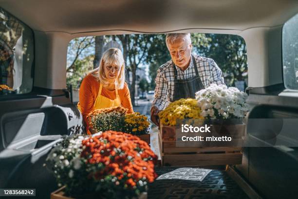 Coppia Che Scarica Casse Di Fiori Freschi Dal Bagagliaio Dellauto - Fotografie stock e altre immagini di Automobile