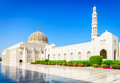 Exterior of the Sultan Qaboos Grand Mosque in Muscat, Oman