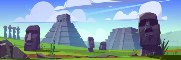 starożytne posągi moai i piramidy majów - mayan temple old ruin ancient stock illustrations