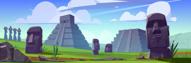Ancient moai statues and mayan pyramids Ancient mayan pyramids and moai statues on Easter island. Vector cartoon landscape with south american landmarks, Chichen Itza and Kukulkan temples, stone sculpture on green grass maya temple stock illustrations