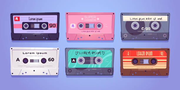 Audio cassettes, retro tapes, music media storage Audio cassettes, retro tapes, media storage for music and sound isolated on white background. Vintage style analog hipster devices, mixtapes of eighties ages culture. Cartoon vector illustration, set mixtape stock illustrations