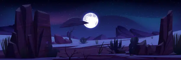 Vector illustration of Desert landscape with rocks and cactuses at night