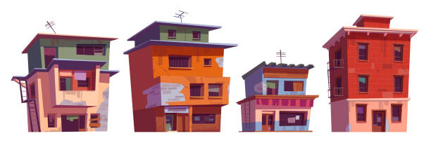 ilustrações, clipart, desenhos animados e ícones de pobres casas sujas, prédios na área do gueto - favela