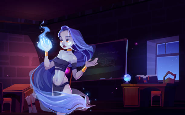 Woman nymph in magic school interior, fantasy girl Woman nymph in magic school interior, fantasy character looking on wizard fire on hand. Young witch wear loincloth, wrapped into long hair admire of magical blaze at night Cartoon vector illustration loin cloth stock illustrations