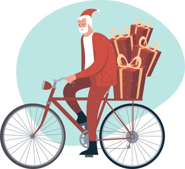 illustrations, cliparts, dessins animés et icônes de caractère moderne de père noël conduisant son vélo de hipster. livraison de cadeaux de noël. - père noel à vélo
