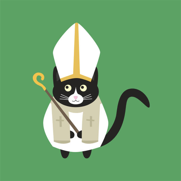 Cute black cat Catholic in a white cassock and a white hat with a rod in his paws. Cute black cat Catholic in a white cassock and a white hat with a rod in his paws. Doodle flat illustration vector. fat humor black expressing positivity stock illustrations