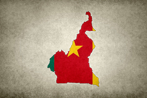 Grunge map of Cameroon with its flag printed within its border on an old paper.