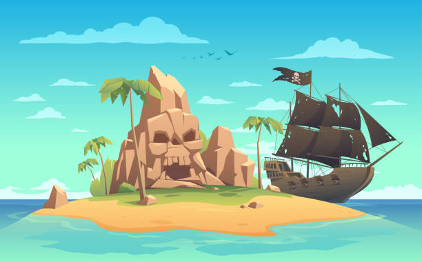 Pirate ship and island with skull cave Pirate ship and island with skull cave in vector old ship cartoon stock illustrations