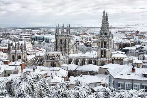 Cathedral of Burgos snowy during winter in Burgos, CL, Spain