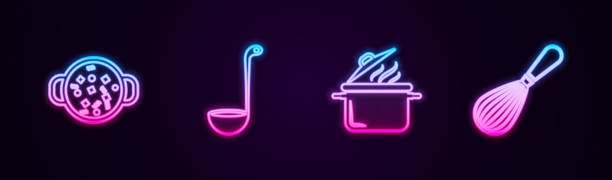 istock Set line Cooking soup in pot, Kitchen ladle, and whisk. Glowing neon icon. Vector 1283574683