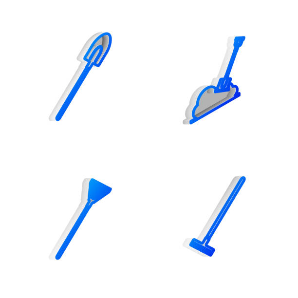 istock Set Isometric line Shovel in the ground, Garden shovel, rake for leaves and icon. Vector 1283574829