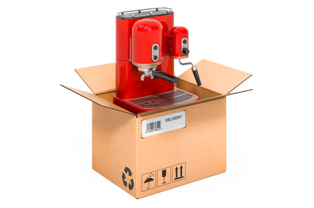 istock Coffee machine retro design inside cardboard box, delivery concept. 3D rendering isolated on white background 1283577261