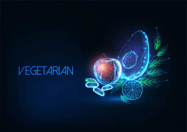 Vector illustration of Futuristic vegetarian or vegan diet concept with glowing low polygonal fruits and vegetables.