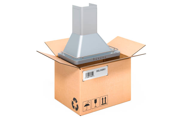 istock Kitchen exhaust hood inside cardboard box, delivery concept. 3D rendering isolated on white background 1283577493