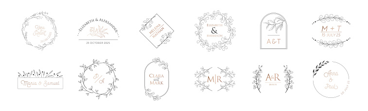 Wedding monogram modern collection, minimalistic floral vector templates, wreath for Invitation, Save the Date Cards. Logo luxury identity for restaurant, boutique, cafe. Calligraphic emblem frame
