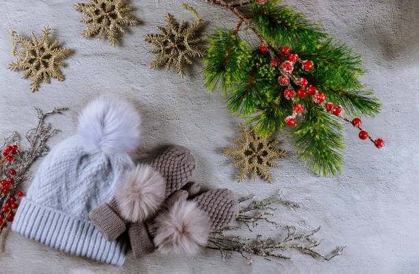 istock Knitted hat and mittens on white background with fir branch. 1283577816