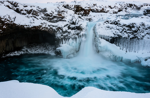 waterfall （aldeyjarfoss）covering by snow in the winter, Iceland