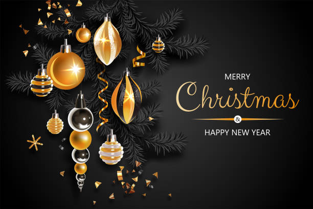 istock Horizontal banner with gold Christmas symbols and text. Christmas tree, balls, ribbons and other festive elements on black background. 1283578457
