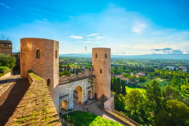 Spello medieval village and roman Porta Venere or Venus Gate. Perugia, Umbria, Italy, Europe.