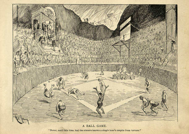 Never ending baseball game in hell, Victorian cartoon Vintage illustration of Satirical cartoon sketch. Never ending baseball game in hell, Victorian cartoon. Never, until this time, had the sinners known a single hour's respite from torture vintage tire stock illustrations