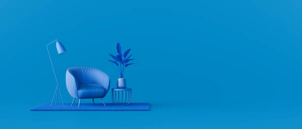 kreative inneneinrichtung im blauen studio mit sessel. minimales farbkonzept - dreidimensional stock-fotos und bilder