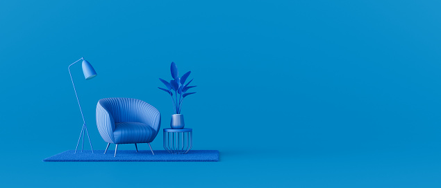 Creative interior design in blue studio with armchair. Minimal color concept. 3d render 3d illustration