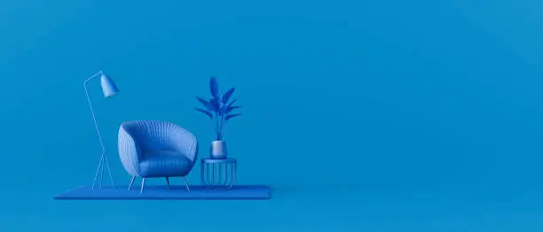 Photo of Creative interior design in blue studio with armchair. Minimal color concept