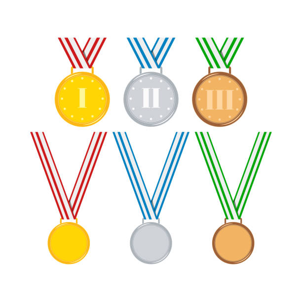ilustraciones, imágenes clip art, dibujos animados e iconos de stock de medallas de oro, plata y bronce con cinta aislada sobre fondo blanco. - silver medal award ribbon green