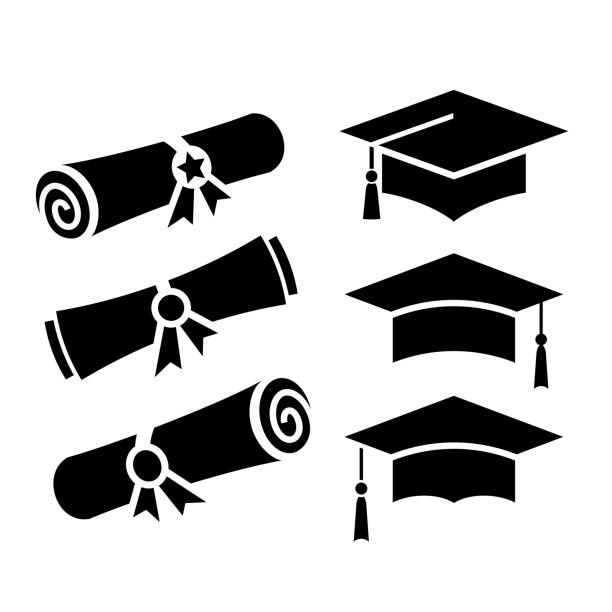 Graduation hat and diploma icon Mortar board hats and diplomas icons set isolated on white background post secondary education stock illustrations