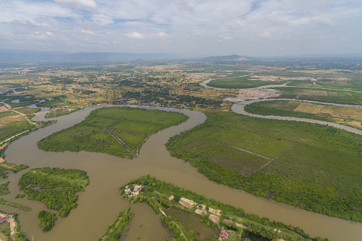Krong Kampot landscape, Praek Tuek Chhu River, Elephant Mountains in Kampot Cambodia Asia Aerial Drone Photo view