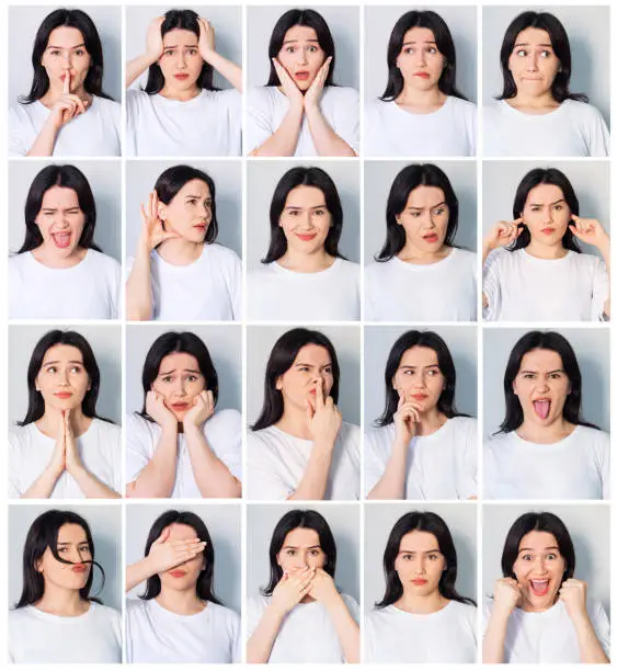 Photo of Collage of beautiful woman with different facial expressions and gestures isolated on gray background. Set of multiple images