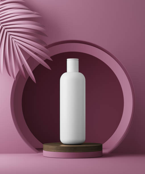 3d illustration geometric pedestal with cosmetic bottle presentation and palm leaves. abstract background. mockup - construction platform wood nature contemporary imagens e fotografias de stock