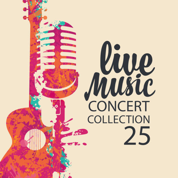 плакат для концерта живой музыки с гитарой и микрофоном - poster classical concert popular music concert flyer stock illustrations