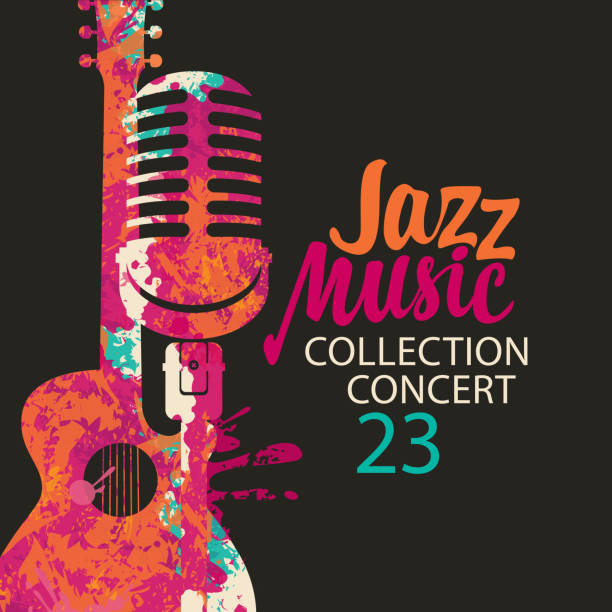 poster for live music concert with guitar and mic Poster for a jazz music concert with a bright abstract guitar, microphone and lettering on the black background. Suitable for vector banner, flyer, invitation, advertisement, cover, ticket microphone patterns stock illustrations