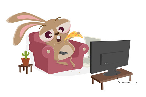 Funny Cartoon Rabbit Is Watching Tv And Eating Pizza Stock Illustration -  Download Image Now - iStock