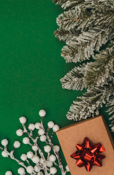 istock Christmas composition. Christmas gift, pine cones, thuja branches and gypsophila flowers. Flat lay, top view, copy space 1283586799