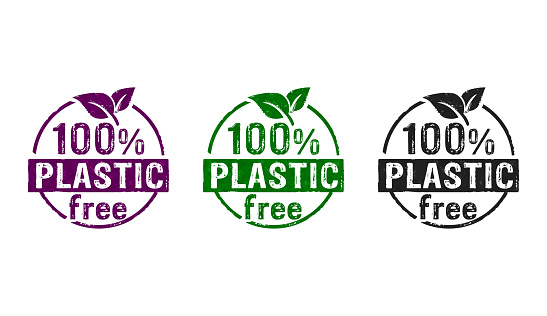 Plastic free 100% stamp icons in few color versions. Ecology, nature, eco friendly, climate change, green technology and earth safe concept 3D rendering illustration.