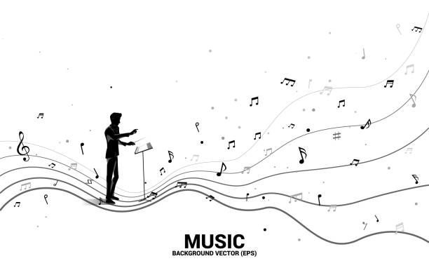 векторный силуэт дирижера с танцующим потоком формы ноты. - musical staff music piano blue stock illustrations