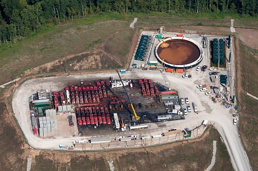 Aerial view of Natural Gas Well fracking in northwestern West Virginia in the Marcellus Shale  Formation photograph taken August 2020