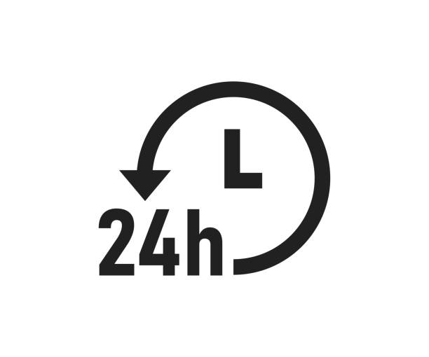 illustrations, cliparts, dessins animés et icônes de logo de service 24 heures sur 24. icône de livraison 24h. toujours symbole ouvert. prise en charge en ligne dans vector flat - 24 hrs